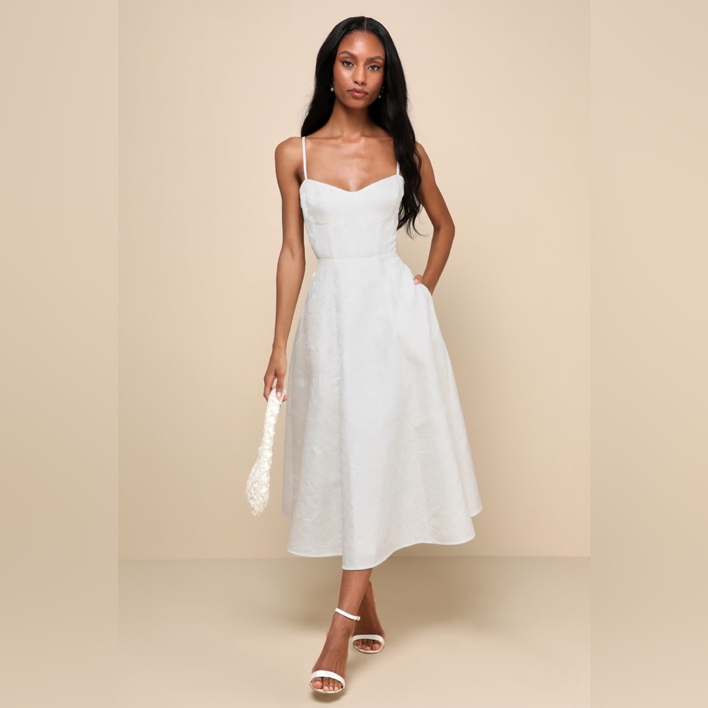 Lulus Meet for Ivory Jacquard Bustier Midi Dress With Pockets Size S